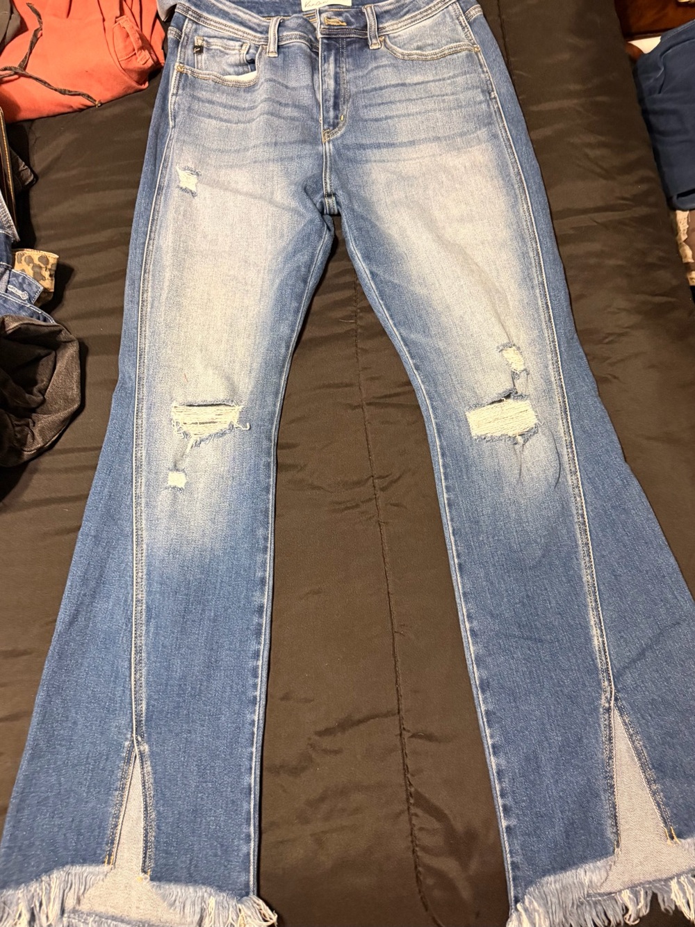 KanCan Two-Tone Distressed Flare Jeans with Frayed Hem